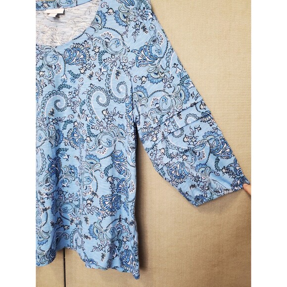 J Jill Cotton/Tencel Blue Paisley 3/4 Sleeve Scoop Neck Knit Blouse Size XL - Picture 2 of 6